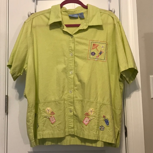 Jane Ashley lime green collared shirt embellished with boat drinks (2X) - Picture 2 of 10